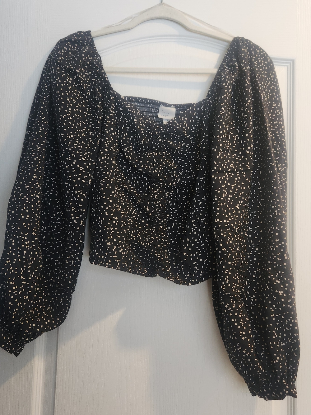 a new day Black Long Sleeve Square Neck Blouse with Ivory Dot Print L Euc